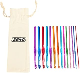 ZENO Crochet Knitting 14 Piece Hooks Set | Multi Coloured Aluminium Yarn Knitting Needles with Pouch Case | High Quality Coloured Aluminium Crochet Hooks