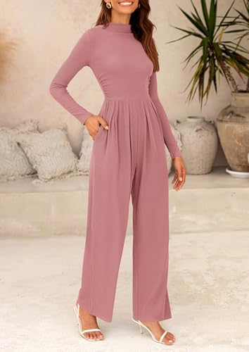 PRETTYGARDEN Jumpsuits For Women Dressy Fall Fashion Clothing 2025 Long Sleeve Mock Neck Date Night Rompers Business Outfits