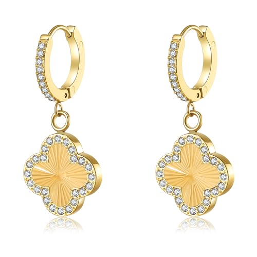 Clover Earrings for Women 18K Gold Plated Four Leaf Clover Hoop Earrings Simple Lucky Drop Jewelry Gifts for Women