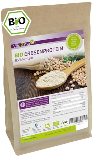 Vita2You Bio Erbsenprotein 1kg - Öko Anbau - 85% Protein - veganes Eiweiss - Glutenfrei - Erbsenproteinisolat - 1000g - Premium Qualität