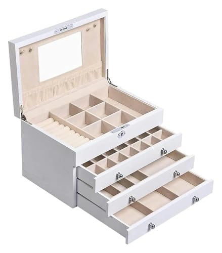 KEuLen Joyero de Madera, Caja Joyero, Joyero Madera, Organizador de Relojes con Espejo, Collar, Anillo, Pendientes, Estuche con Cerradura, Caja de Madera for Joyas(Blanc)