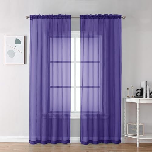 Image of Chyhomenyc Purple Sheer Curtains 78 Inches Long 2 Panels Set for Living Room, Light Filtering Voile Lightweight Bedroom Curtains, Rod Pocket Solid Window Treatment Drapes, Each 42W x 78L