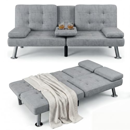 Image of Flamaker Futon Sofa Bed, Modern Linen Convertible Folding Futon Set