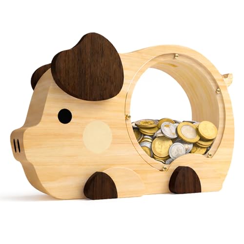 Image of Wooden Piggy Bank for Kids, Cute Money Bank for Boys, Clear Coin Bank with Plug, Wood Kids Bank Toy Unbreakable Money Box, Personalized Gift for Children Birthday Christmas and Festival
