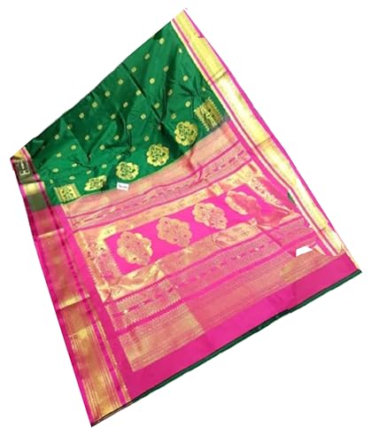 Nauvari Paithani Saree 9 wari Golden Zari Semi Silk - Green Pink