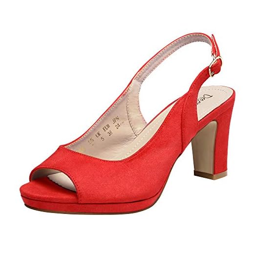 DREAM PAIRS Women' s Neina Sexy high Chunky Heels Block Platform Slingback peep Toe Dress Pumps Shoes red Suede Size 7.5