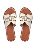 Verdusa Women's Open Toe Chain Flat Sandals Faux Leather Summer Slippers Slip on Slides Beige 12