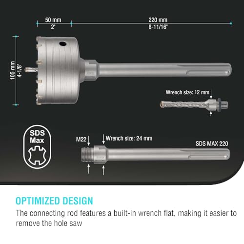 Image of BINOTA 105 mm (4-1 /8 inch) Concrete Hole Saw with SDS-MAX Shank | Tungsten carbide drill bit; SDS-Max shank (220 mm); Cross-type center drill; Dry drilling for concrete /brick /stone /masonry