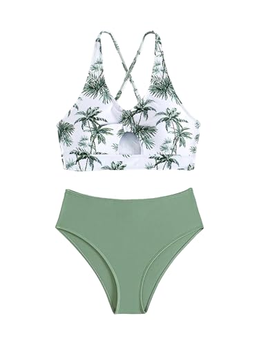 SweatyRocks Girl's Two Piece Bathing Suit Graphic Print Cut Out Spaghetti Strap High Waist Bikini Swimsuit