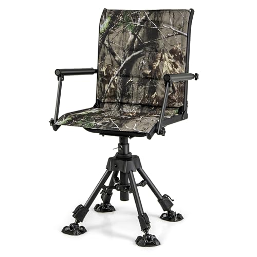 Moccha Swivel Hunting Chair - 360 Degree Camo Blind Chair with 4 Adjustable Legs, Foot Pads & Armrests, Portable Folding Hunting Seat, Silent Hunting Chairs for Blinds, Fishing (Metal Leg, Camouflage)