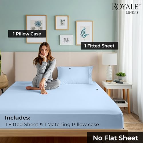 Image of ROYALE LINENS Fitted Sheet with Pillowcase - Twin Fitted Sheets with 1 Pillowcase - 300 Thread Count 100% Organic Cotton - Fit Mattress Up to 18 inch Deep - Soft & Breathable - Lake Blue (No Flat Sheet)