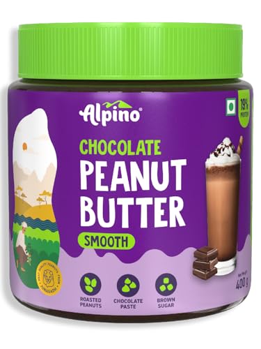 Image of ALPINO Chocolate Peanut Butter Smooth - Roasted Peanuts, Chocolate Paste, Brown Sugar & Sea Salt - 26g Protein, Gluten Free - Plant Based Peanut Butter Creamy (400 G) (Pack of 2)