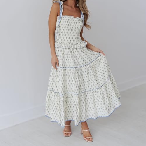 Image of Women Y2k Boho Maxi Dress Tie Shoulder Backless Strappy Tiered Flowy Dress 2024 Summer Floral Beach Sundress