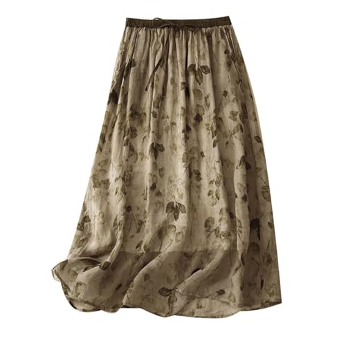 maisdgop Pleated Skirts for Women Loose Elastic Waist Linen Embroidery a Line Skirt Casual Mid Length Knee Length Skirts