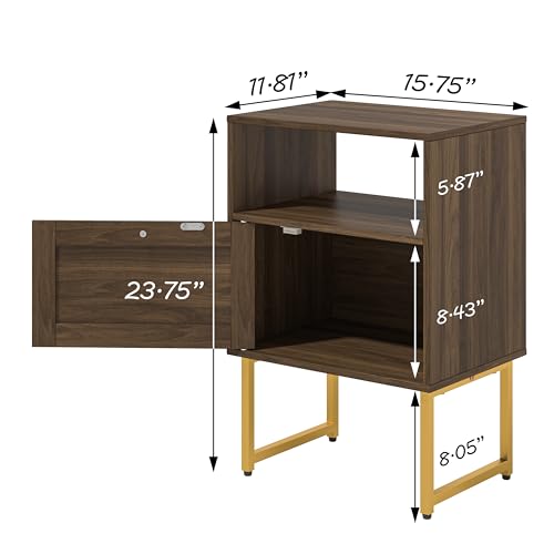 Image of JOONEE Rattan Nightstand,Farmhouse Bedside Table with Storage Drawer and Open Shelf,Modern Boho Small Gold Frame Side End Table for Bedroom,Living Room,Office(Walnut Brown)