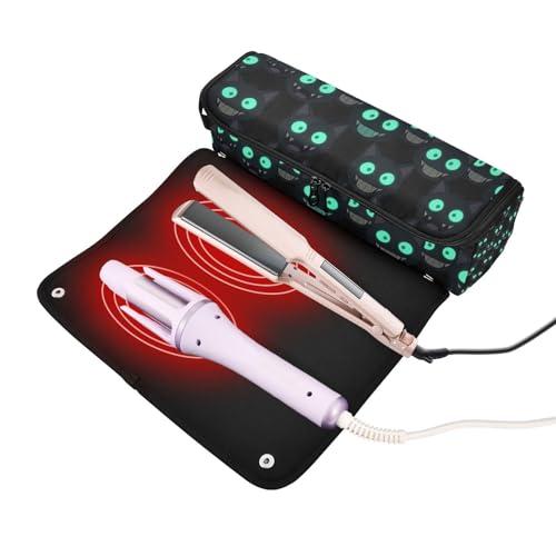 Estuche de viaje 2 en 1 para rizadores y planchas con tapete resistente al calor y cremallera con accesorios removibles para herramientas de peinado, diseño caras de gato negro miniatura 2