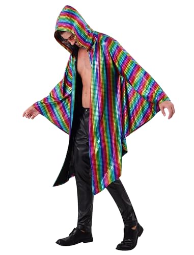 Mens Rave Outfit Festival Cape Poncho Kiminos Rainbow Parade Outfits Lgbtq Clothes Metallic Hooded 70s Disco Burning Man Costume Bachelor Party Halloween Dance Hip Hop Adults Cloak Colorful L-XL