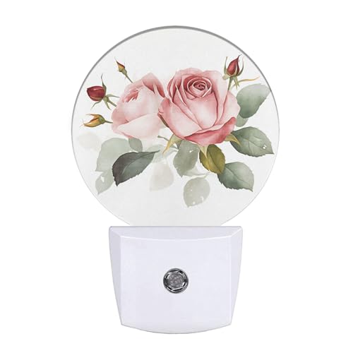 Image of Retro Rose Night Light Floral Blossom Pink Rose with Green Leaf Flower Bouquet LED Dusk to Dawn Plug-in Nightlight Auto Sensor for Bedroom Bathroom Hallway Living Room