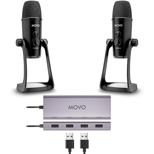 Movo USB Podcast Equipment Bundle for 2 – USB Interface with 2 UM700 Condenser Microphones – 4-Port Powered Hub for Streaming, Podcasting, Interviews (with 2 Microphones)