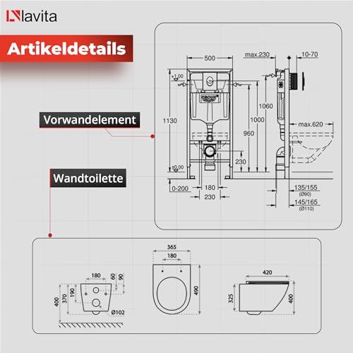 LAVITA Vorwandelement Solido Start + Wand Hänge WC Sofi One Weiß Spülrandlos + WC Sitz mit Absenkautomatik Verchromter Knopf Komplettset Unterputz Spülkasten Toilette Komplett Sett WC – Bild 3