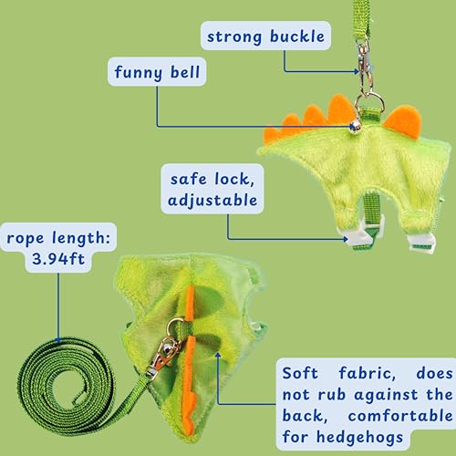 Image of Hedgehog Leash and Harness Clothes Accessories, Dinosaur Shaped Harness Leash for Training Playing, Hamster Clothes for Ferret Guinea Pig Hamster, Hedgehog Accessories, Guinea Pig Outfits (Green)