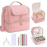 BAGCRAZY Nail Polish Organizer Case, Double Layer Nail Storage Bag for 24 Bottles and UV/LED Lamp, Portable Manicure Travel Case for Home, Salon and Vacation, Pink