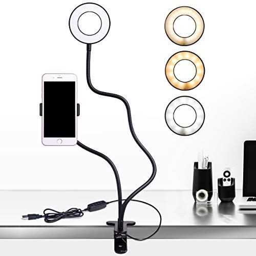B-Land Cell Phone Holder with Selfie Ring Light for Live Stream, Flexible Mobile Phone Clip Holder Lazy Bracket Desk Lamp LED Light for Bedroom, Office, Kitchen, Bathroom (Black)