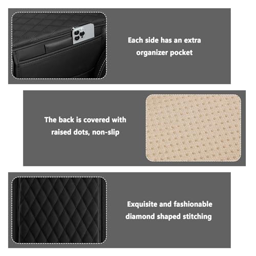 Image of Car Armrest Cover with Side Pockets, Quilted Design Center Console Cover, Elastic Strap Installation, Black