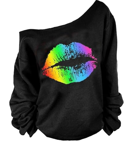 Image of MAGICMK Woman's Sweatershirt Lips Print Causal Blouse Off The Shoulder Long Sleeve Loose Slouchy Pullover Plus Size Tops