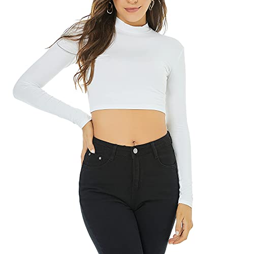 LONGBIDA Women's Long Sleeve Mock Neck Pure Soft Thin Sexy Stretch Crop TOP T Shirt4
