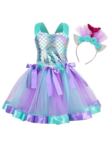 Kaerm Disfraz de sirena para niños y niñas, vestido de fiesta con lentejuelas, vestido de noche con estampado de escamas de pescado, diadema, disfraz para niños, dulce lago azul, 140-152