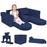 MeMoreCool 10-Pieces Kids Play Sofa, Modular Toddler Chair for Playroom, Fold Out Foam Couch Bed for Girls Boys, Children Convertible Sectional Couch Playset, Navy Blue