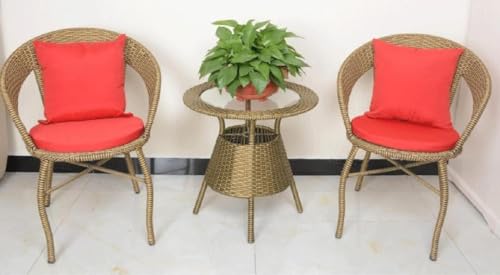Image of PRATHAM India 2+1 Outdoor Indoor Patio Furniture Sets Rattan Wicker Chair Patio Set Bistro Set Conversation Set Balcony Outdoor Garden Furniture Chair (Golden with Red Cushion & Pillow)