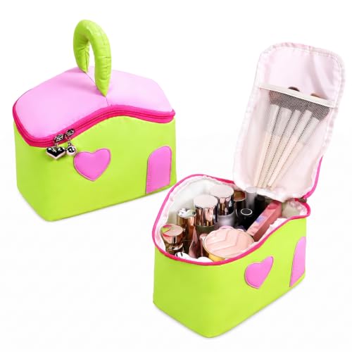 Image of House of Quirk Large Capacity Makeup Bag for Women, Portable Cosmetic Organizer, Water-Resistant Travel Toiletry Bag with Handle, Cute Heart Design, Zipper Vanity Storage Case (Green /Pink)