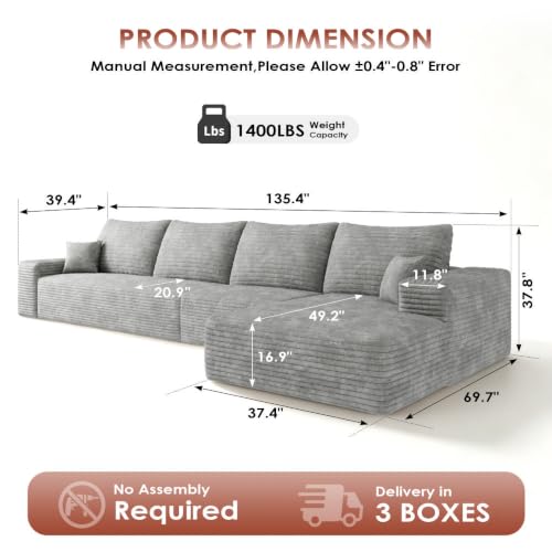 Image of Boneless Couch, Modular Sectional Couches for Living Room, U-Shaped Cloud Couch Sofa with Deep Seat, Fluffy Corduroy Upholstered Corner Sofa