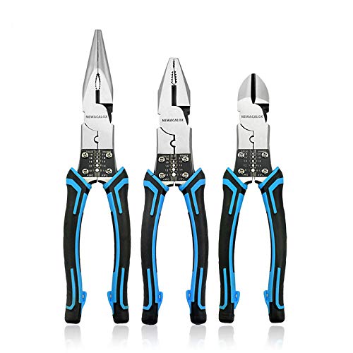 NEWACALOX Multi Pliers Set (Industrial Linemans Side Cutting Needle Nose Plier with Wire Stripper Crimper Function, Heavy Duty pliers Blue)