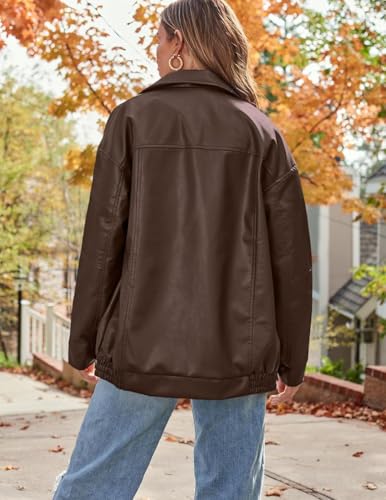 Womens Oversized Leather Jackets, Autumn Winter PU Jacket Loose Zipper Long Sleeve Jacket Coat Solid Color4