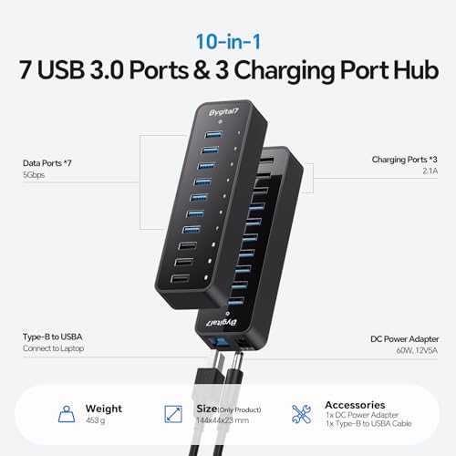 Image of Powered USB Hub, 10 Ports USB A 3.0 5Gbps Data Hub, with 7 USB-3.0 Ports, 3 PowerIQ Charging Ports, 60W Power Adapter for Laptop and More