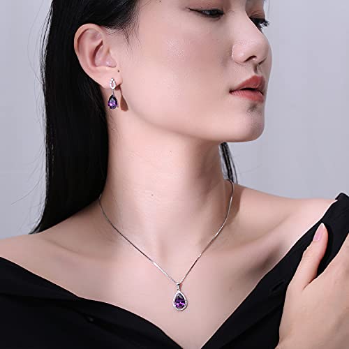 Jiangxin Waterdrop Purple Amethyst Birthstone 925 Sterling Silver White Gold Plated Fine Jewelry Set For Women Pendant Necklace Stud Earring #TOP5