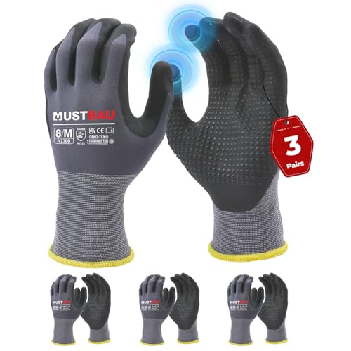 Mustbau 3 Pares de Guantes de Trabajo con Pantalla Táctil y Puntos Negros, Guantes de Nitrilo Resistentes a la Abrasión y Ventilados, Ideales para Trabajo, Jardinería, Mecánica, Construcción (Gris,M)