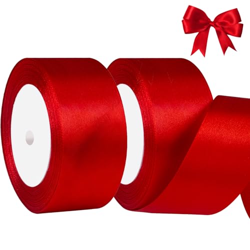 Red Satin Ribbon 1-1/2 Inch x 2 Rolls Red Wide Satin Fabric Ribbon for Gift Packaging Christmas Wedding Flower Bouquet Holiday Party Invitation Total 50 Yards