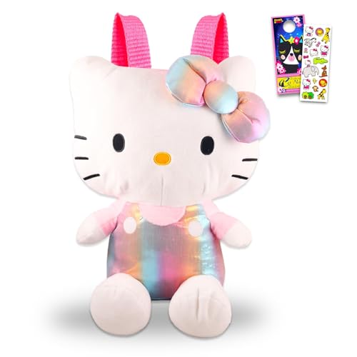 Hello Kitty Mochila de pelúcia para meninas – Pacote de presente Hello Kitty com pelúcia Hello Kitty com alças ajustáveis, além de adesivos, tatuagens e mais | Conjunto de mochila Hello Kitty, Hello