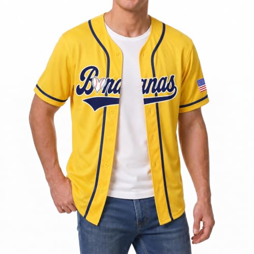 Baseball Button Up Shirt for Men Quick-Dry Graphic Baseball Game Day Fan Jersey with Left-Side Buttons(Yellow M)