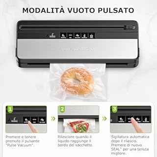 Bonsenkitchen Macchina per Sottovuoto Alimenti, Macchine Sottovuoto Alimenti multifunzione con 50 sacchetti sottovuoto e 1 rotolo per sottovuoto, Taglierina Integrata, VS3016