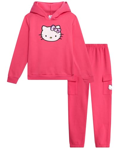 Hello Kitty Girls Pants Set - 2 Piece Girls Sweatshirt Hoodie and Cargo Sweatpants Matching Set with Pockets (2T-12), Size 8-10, Fandango Pink