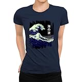 Umi No Nami | Gran ola del mar Kanagawa Fujiyama - Camiseta de manga de anime estética para mujer, azul marino, S