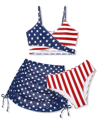 Traje de baño de 3 piezas para niñas, estampado entrecruzado, bikini con falda para cubrir la playa, 7-16 años, Rojo, blanco y azul #4 de julio, 9-10 años