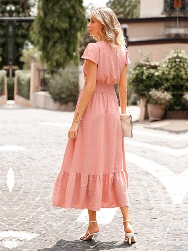 Image of PRETTYGARDEN Womens Dresses 2026 Summer Maxi Dress Boho Short Sleeve V Neck Swiss Dot Ruffle Tiered Smocked Flowy Long Dress