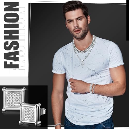 Yinkin 6 Pcs Hip Hop Jewelry Set for Men Rhinestone Link Chain Bracelet Earrings Tennis Diamond Jewelry Set for Men Gift3