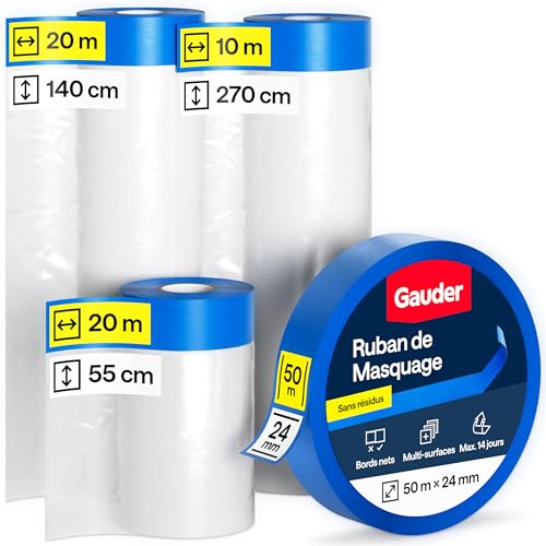 GAUDER Ensemble de 50 Mètres de Masker avec Ruban de Masquage (55 + 140 + 270 cm) | 66 m² de Film de Protection Pré-Adhésif | Lot de 3 pour Fenêtres,...